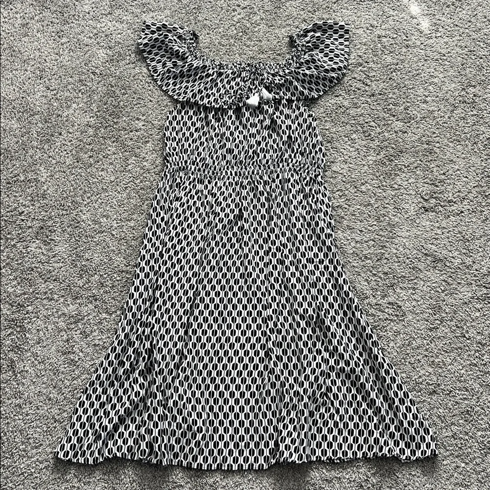 Kate Spade New York Black White Arrow Stripe Off Shoulder Dress Tassels Size M
